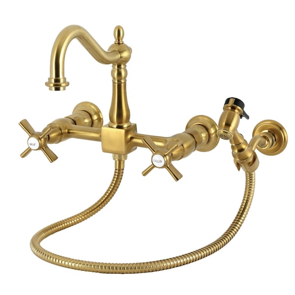Kingston Brass Two-Handle Wall Mount Bridge Kitchen Faucet with Brass Sprayer, Brushed Brass KS1267ZXBS - main