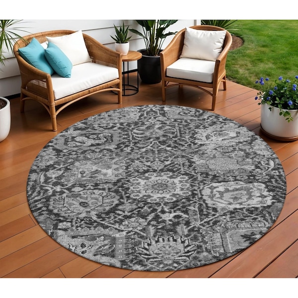 Homeroots 8' Gray And Ash Gray Round Damask Washable Indoor Outdoor Area Rug 609074 - main