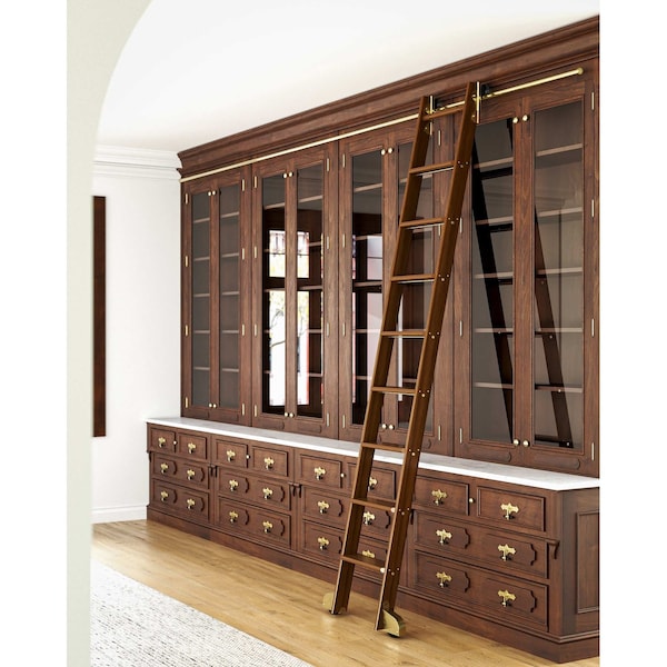 Quiet Glide 8.92 ft. Walnut Contemporary Wheel Brushed Satin Brass Rolling Hook Removable Ladder, 12 ft. Rail QG.540-9WA-12-H.06B - main