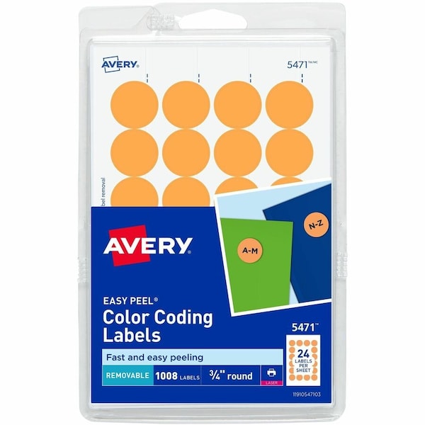 Avery Print or Write Removable Color-Coding Labels, 3/4" Dia, Neon Orange, 1008/Pack 5471 - main