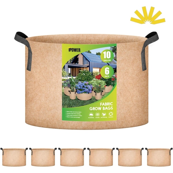 Ipower Plant Grow Bag 10 Gallon Heavy Duty Fabric Pots, 300g Thick Nonwoven, Tan 2024 Version, 6PK GLGROWBAG10X6TAN - main