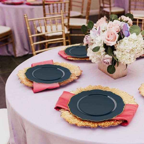 Smarty Had A Party 10.25" Navy with Gold Rim Round Blossom Disposable Plastic Dinner Plates (120 Plates), 120PK 4840NG-CASE - main