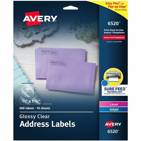 Avery reg Easy Peel High Gloss Clear Mailing Labels, No Color, 600PK AVE6520 - main