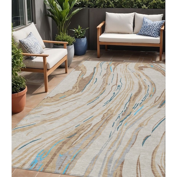 Homeroots 5' X 8' Beige Teal Blue And Ivory Abstract Washable Indoor Outdoor Area Rug 600205 - main