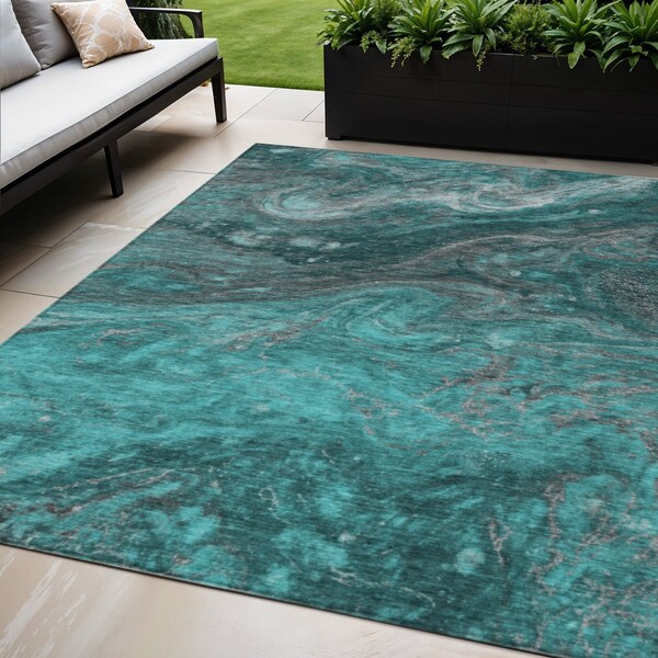 Homeroots 5' X 8' Teal Blue Aqua And Gray Abstract Washable Indoor Outdoor Area Rug 577842 - main