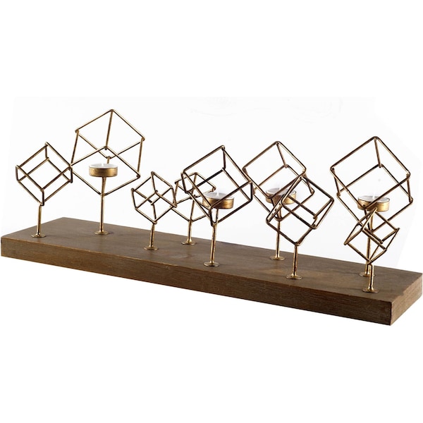 Homeroots 8" Brass Distressed Geometric Metal Tabletop Tealight Candle Holder 608385 - main