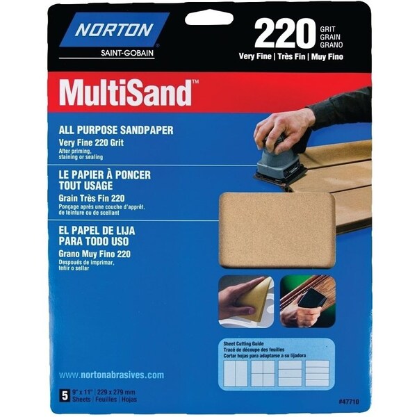Norton Co MultiSand 076607 Sanding Sheet, 11 in L, 9 in W, Very Fine, 220 Grit, Aluminum Oxide Abrasive 47710 - main