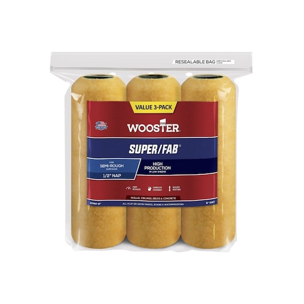 Wooster SUPER/FAB Roller Cover, 1/2 in Thick Nap, 9 in L, Fabric Cover, Gold/Yellow, 3PK R740-9 - main