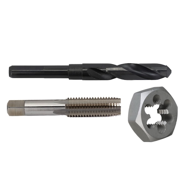 Drill America 1"-8 UNC HSS Plug Tap, Hex Die and 7/8" HSS 1/2" Shank Drill Bit Kit HXPOU1-8 - main