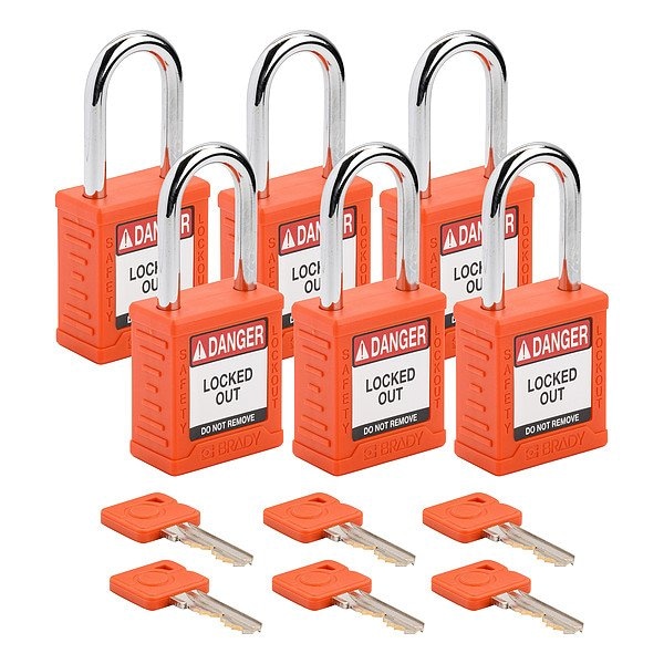 Brady Padlock, Keyed Alike, Nylon, Orange, 1 1/2 in Shackle Height, 1 1/2 in Body Width, 6 No. of Keys SDPL-ORG-38ST-KA6 - main
