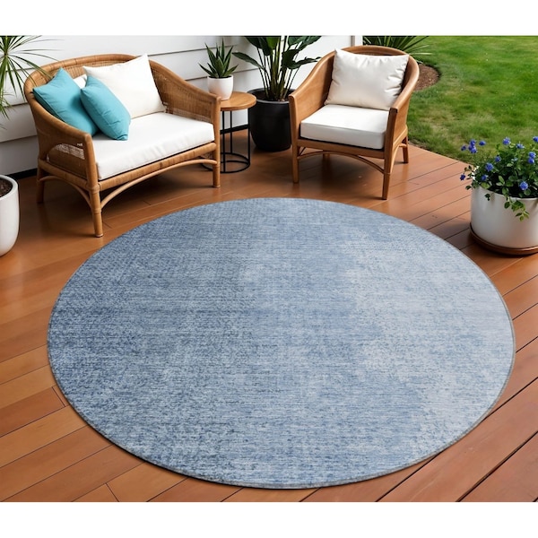 Homeroots 8' Navy Blue And Sky Blue Round Abstract Washable Indoor Outdoor Area Rug 588216 - main