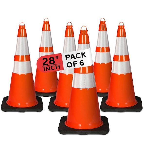 Pyle Traffic Cone Set, PVC, 28 in Height, Fluorescent Orange 6 PK PTCN28X6 - main