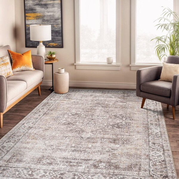 World Rug Gallery Beige Classic Washable Rug - Flat Pile, Non-Slip, Versatile for Any Room 5 ft x 7 ft WR172BEIGE5X7 - main