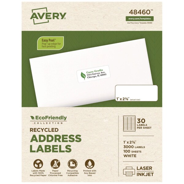 Avery EcoFriendly Mailing Labels, Inkjet/Laser Printers, 1x2.63, Wht, PK3000 48460 - main
