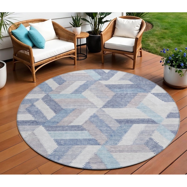 Homeroots 8' Denim Blue Round Geometric Washable Indoor Outdoor Area Rug 608060 - main