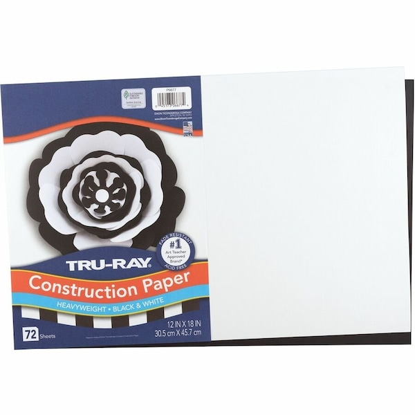 Tru-Ray Construction Paper - Art Project, Craft Project - 12in Width x 18in Length - Black, White, 12PK P6677 - main