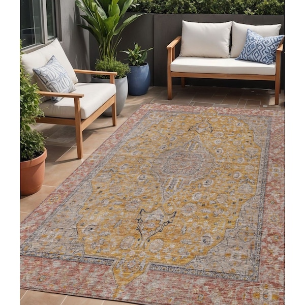 Homeroots 5' X 8' Gold And Peach Medallion Washable Indoor Outdoor Area Rug 616269 - main