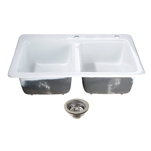 Kingston Brass 33-Inch Cast Iron Self-Rimming Double Bowl Drop-In Kitchen Sink, 2-Hole with Basket Strainers x 2 KGT33229D21 - main