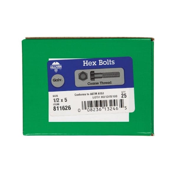 Hillman 811626 0.5 x 5 in. Galvanized Hex Bolt 54880 - main