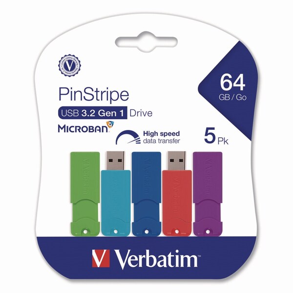 Verbatim PinStripe USB 3.2 Flash Drive, 64 GB, Assorted Colors, 5PK 70389 - main