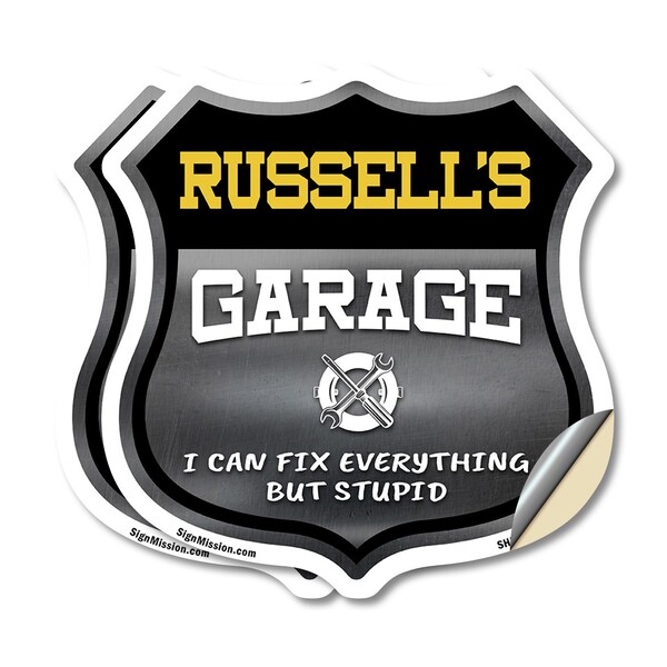 Signmission Russell's Garage I Can Fix Everything But Stupid, 18 inch X 18 inch, Vinyl Decal, 2PK SHI-D-2PACK-18-490-RUSSELL - main