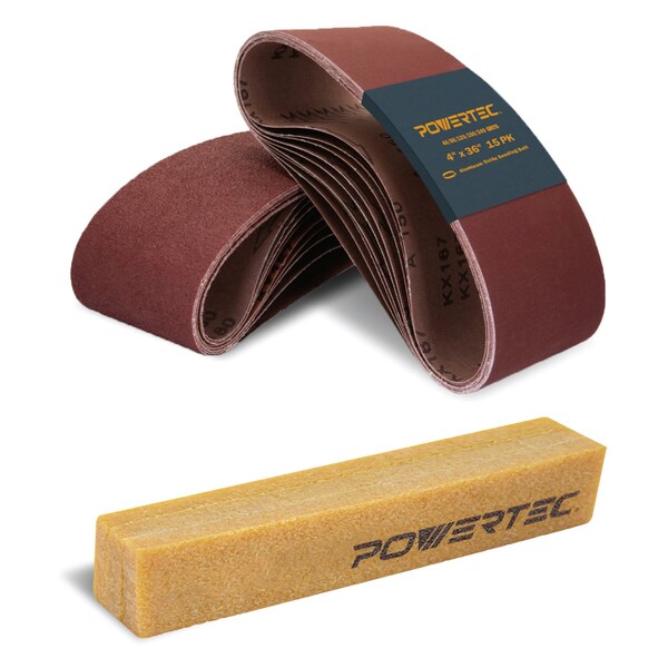 Powertec Sanding Belt Assortment, 4in x 36in, 3 EA of 40/80/120/150/240 Grit, 15PK & Abrasive Cleaning Stick 11011-6N - main