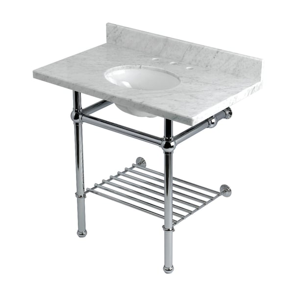 Kingston Brass 36-Inch Carrara Marble Console Sink with Brass Legs and Shelf, 8-Inch, 3-Hole KVPB36MBB1 - main