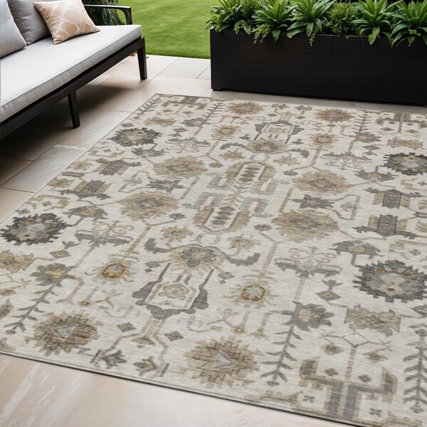 Homeroots 5' X 8' Ivory Beige And Taupe Oriental Washable Indoor Outdoor Area Rug 582087 - main