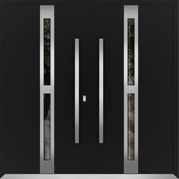 Vdomdoors Metal Double Doors Deux 1755 Black Enamel Opaque Black Glass Top Transom Entry Modern Painted (W72x DEUX1755DEXD-BLK-W72xH96-RH-I - main