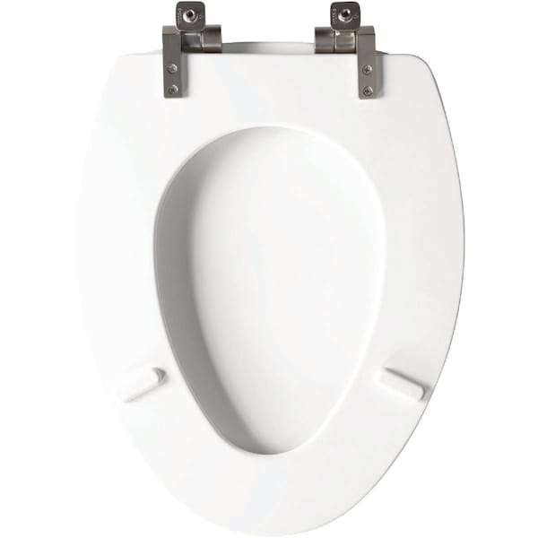 Bemis Mayfair Benton Elongated White Enameled Wood Toilet Seat with Slow Close Brushed Nickel Metal Hinge 126NISLA000 - main