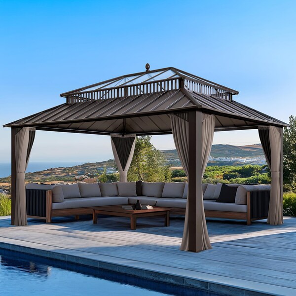 Sunjoy Kingston 16x12 Gazebo, Steel & PC Roof Hardtop Gazebo with Curtain and Netting, Brown Aluminum Posts A10204388200 - main