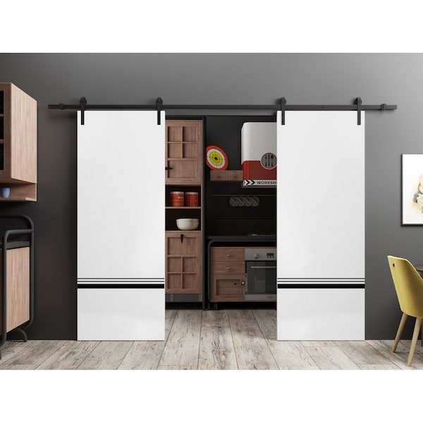 Sartodoors Sturdy Double Barn Door with Hardware, Planum 0012 White Silk and Aluminum Strips, 13FT Rail Hanger PLANUM0012DB-WS-64 - main