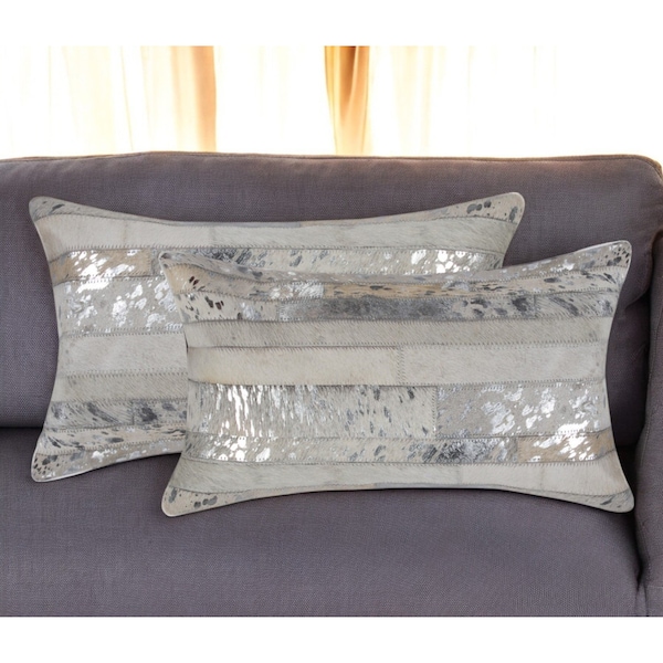 Homeroots Set of Two 12" X 20" Gray and Silver Striped Cowhide Lumbar Throw Pillows with Glitter, 2PK 544633 - main