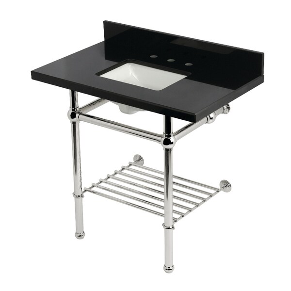 Kingston Brass 36-Inch Black Granite Console Sink with Brass Legs and Shelf, 8-Inch, 3-Hole KVPK36KBSQB6 - main