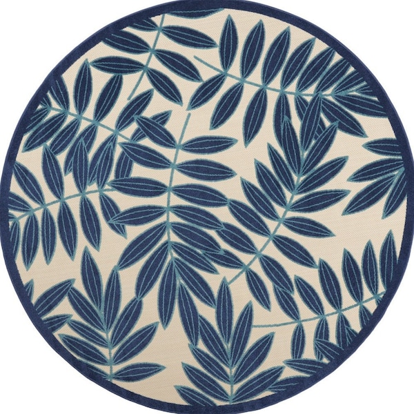 Homeroots 8' Navy Blue And Ivory Round Botanical Leaves Indoor Outdoor Area Rug 546666 - main