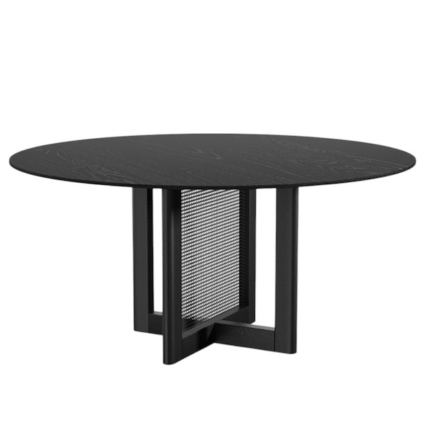 Homeroots 60" Black Solid Wood and Rattan Cross Leg Base Round Top Dining Table 712200 - main