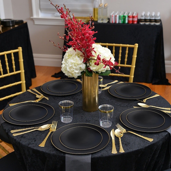 Smarty Had A Party Black with Gold Rim Organic Round Plastic Dinnerware Set (120 Dinner Plates+120 Salad Plates), 240PK 930BGVP-CASE - main
