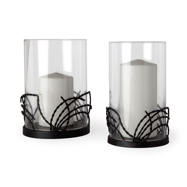 Homeroots Set of Two Black Botanical Leaf Glass And Metal Tabletop Hurricane Candle Holders, 2PK 608520 - main