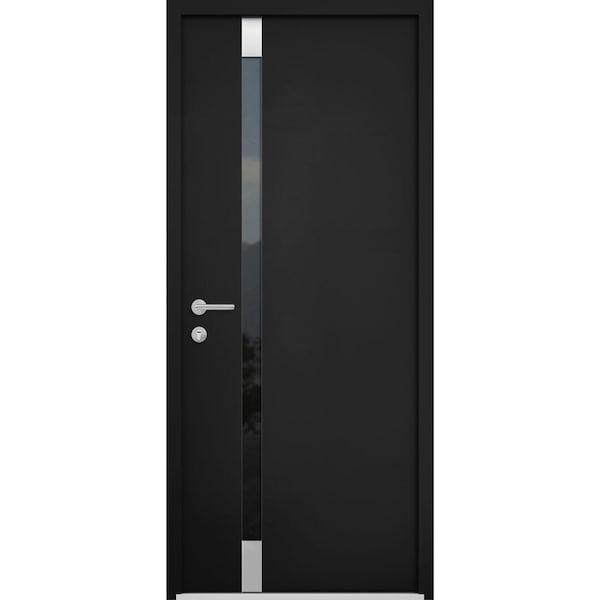 Vdomdoors Steel Door Cynex 6777 Black Stainless Inserts Single Modern Painted CYNEX6777EXD-BLK-W32 x H80-Right-hand Inswing - main