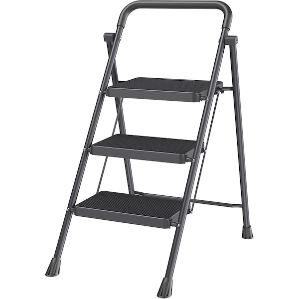 Campior Black 3-Step Foldable Stool, 500 lbs Cap., Anti-Slip Feet, Steel Frame, Space-Saving for Home and More DRIB3STPBK - main