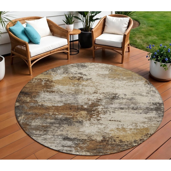 Homeroots 8' Brown And Beige Round Abstract Washable Indoor Outdoor Area Rug 630617 - main