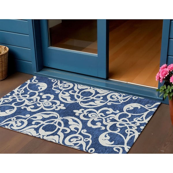 Homeroots 3' X 5' Navy Blue And Ivory Damask Washable Indoor Outdoor Area Rug 614443 - main
