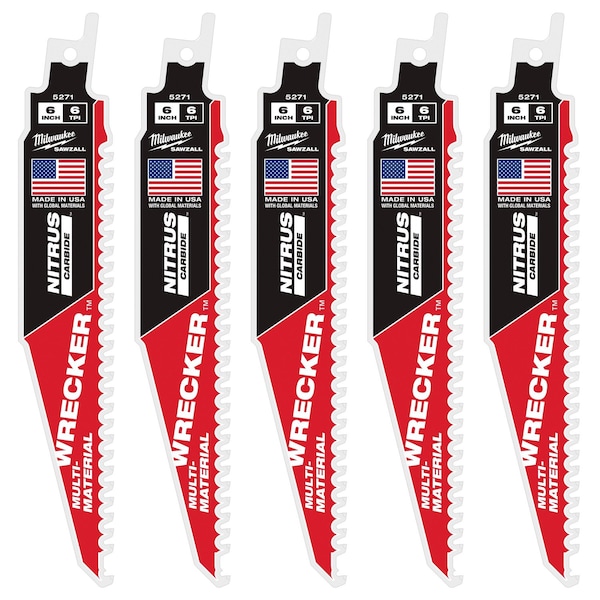 Milwaukee Tool 6 in. 6 TPI SAWZALL THE WRECKER with NITRUS CARBIDE Multi-Material Reciprocating Saw Blade (5 pk) 48-00-5571 - main