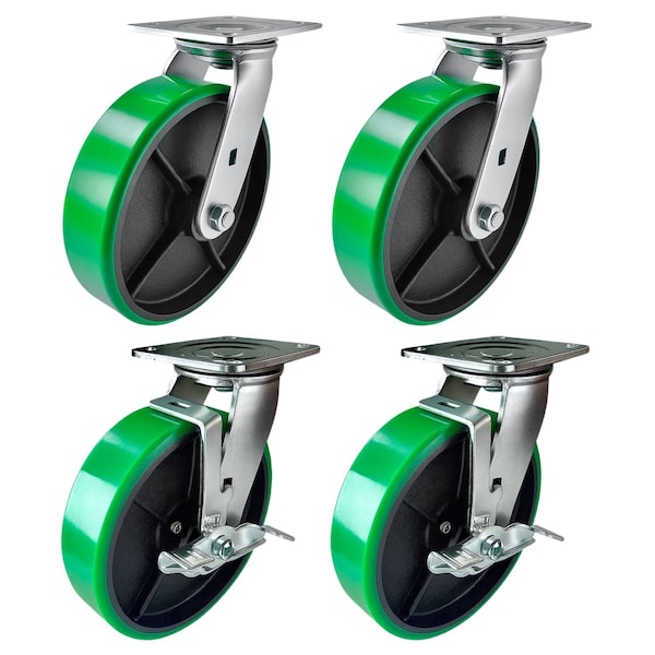 Hyw Products Heavy Duty Caster Set 8in Green Polyurethane on Cast Iron Wheels, 2 Swivel & 2 Swivel w/ Brake, 4PK 40-80S-A1-PC-2,40-80S-A1-PC-TB-2 (G) - main