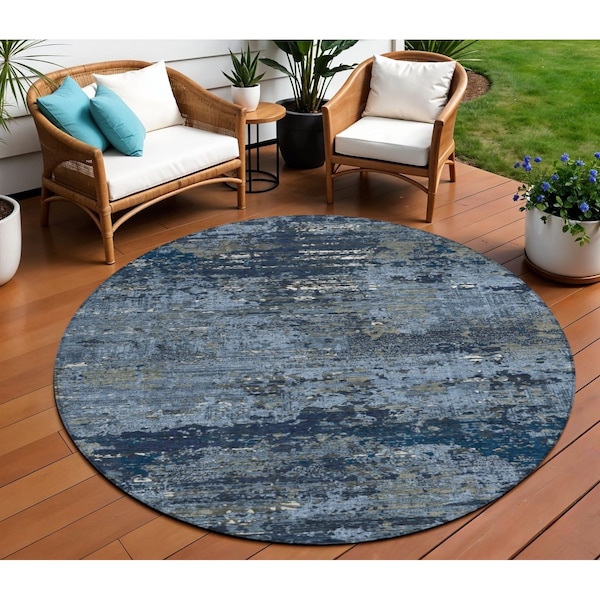 Homeroots 8' Blue And Navy Blue Round Abstract Washable Indoor Outdoor Area Rug 610428 - main