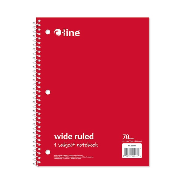 C-Line Products 8-1/2" x 10-1/2" Red Wide Ruled 1-Subject Spiral Notebook, 1/EA, 24EA/CT 22044-CT - main