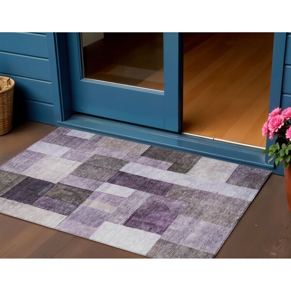 Homeroots 3' X 5' Eggplant Black And Lavender Geometric Washable Indoor Outdoor Area Rug 605855 - main