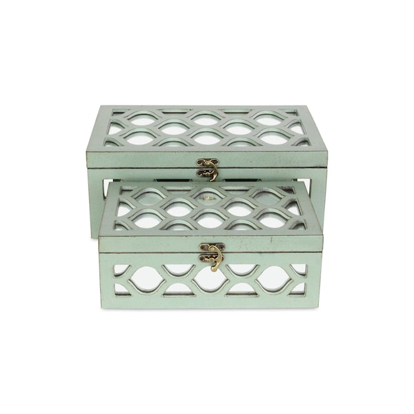 Homeroots Set of Two Blue Mirrored Glass And Wood Box With Lid, 2PK 379873 - main