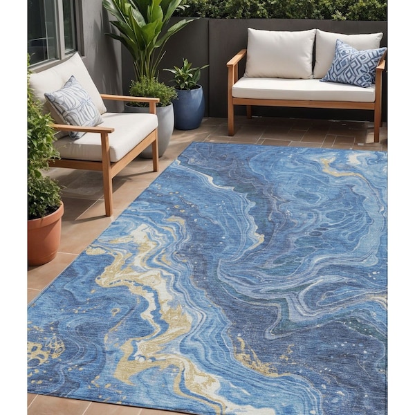 Homeroots 5' X 8' Blue Gold And Ivory Abstract Washable Indoor Outdoor Area Rug 618197 - main