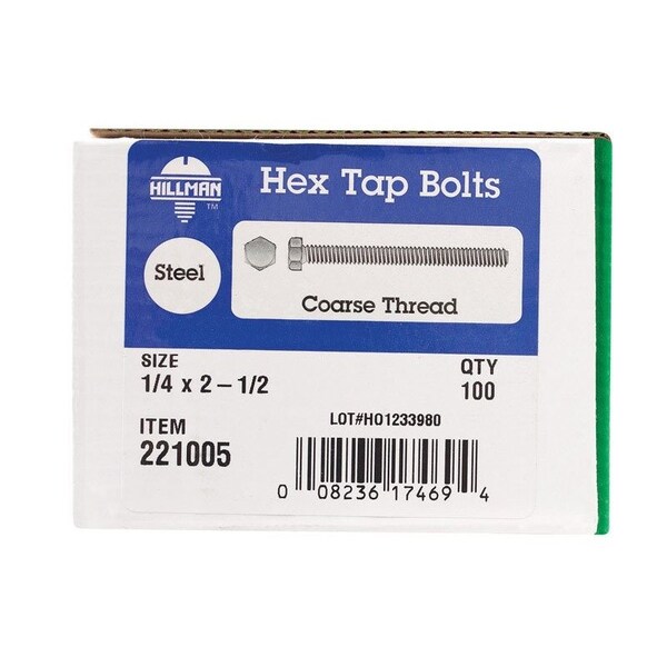 Hillman 1/4 in. D X 2-1/2 in. L Zinc Plated Steel Hex Tap Bolt, 100PK 221005 - main